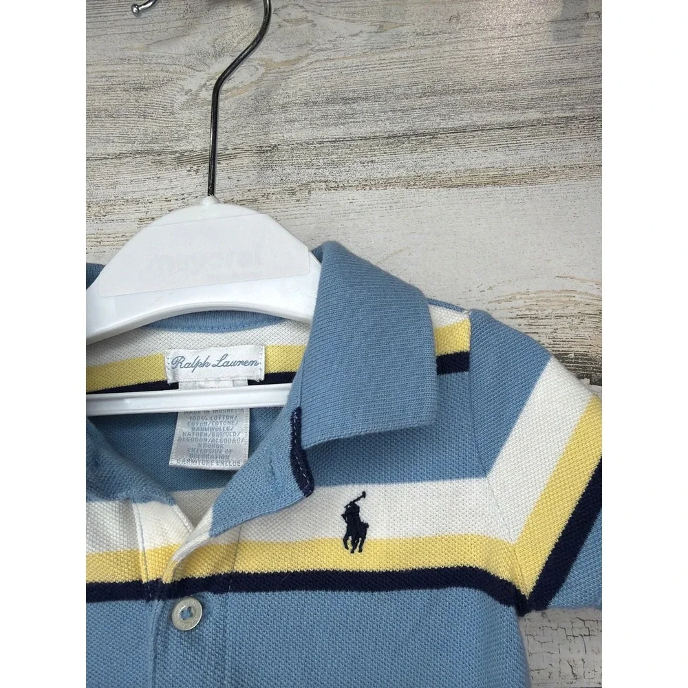 Ralph Lauren Polo Romper Boys 3M Blue Striped Cotton Preppy EUC